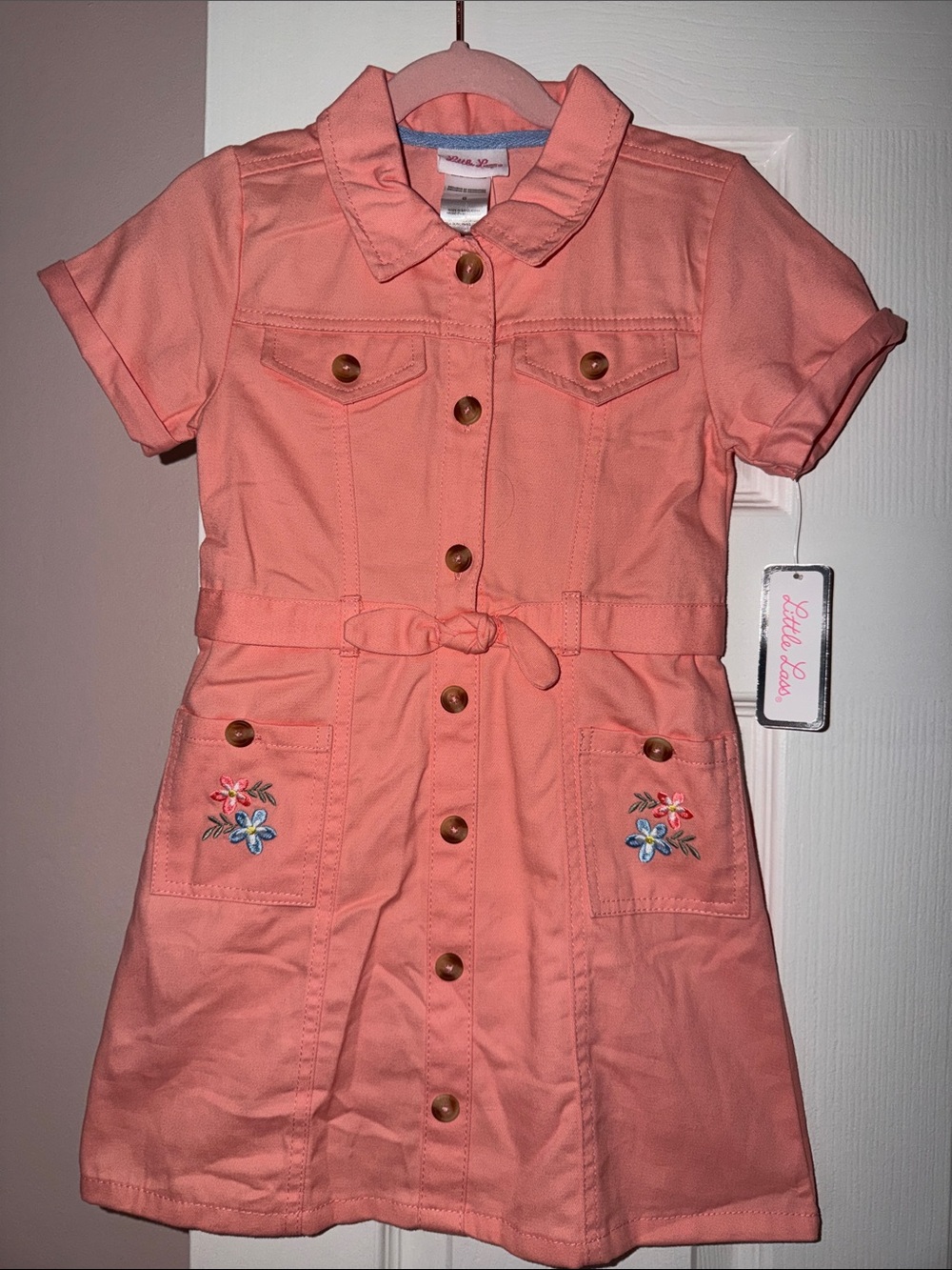 Little Lass Coral Button-Front Dress with Tie Waist and Pocket Embroidery